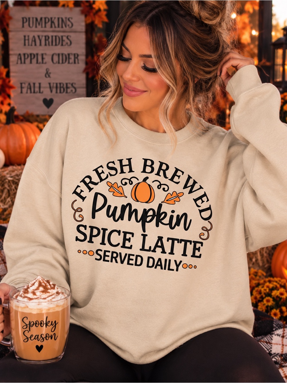 Pumpkin Spice Latte Graphic Crewneck Sweater - Cream